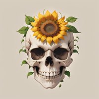 Human skull with bright yellow sunflower crown and green leaves on neutral background, gothic romantic style illustration for alternative fashion and decoration.