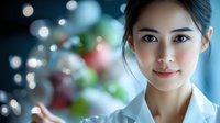 Young Asian female medical professional or scientist in white coat smiling confidently against blurred bokeh background with soft lighting effects.