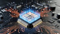 Futuristic microprocessor chip with glowing blue holographic data streams on circuit board for technology and artificial intelligence concepts.