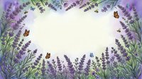 Lavender flowers frame with butterflies and bees on white background. Floral border with purple blooms and green leaves for wedding invitations and cards.