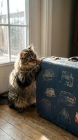 Fluffy tabby cat with brown and black stripes sitting beside vintage blue suitcase near window with curtains, looking upward. Use for travel, adventure, pet, lifestyle, and home decor projects.