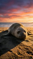 Elephant seal resting on sandy beach at sunset with golden sky and ocean waves, wildlife photography for nature and marine conservation projects.