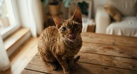 Orange tabby cat sitting on wooden table in cozy home interior with natural sunlight streaming through window creating warm domestic atmosphere.