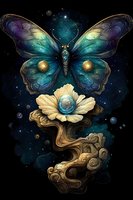 Mystical butterfly with cosmic wings hovers above golden flower floating in space, surrounded by ethereal clouds and glowing orbs against starry dark background.