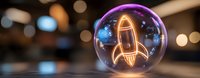 Glowing neon rocket ship icon inside glass sphere with bokeh lights background creates futuristic startup business concept composition.