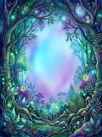 Enchanted forest clearing with glowing orbs, twisted trees, and luminescent flora in purple, teal, and green tones. Fantasy woodland scene for book covers, posters, and digital art projects.