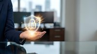 Businessman in dark suit holding glowing padlock icon in palm, symbolizing cybersecurity and data protection in modern office environment with computer setup.