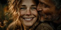 Happy mature couple embracing outdoors with warm golden light, showing love and connection in romantic intimate moment during sunset hour.
