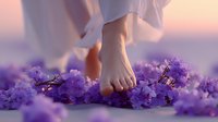 Bare feet stepping gently on purple flowers against soft pink sunset sky, creating dreamy atmospheric mood with flowing white fabric and delicate petals.