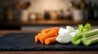 Fresh cut vegetables carrots onion celery on dark slate board in modern kitchen background for healthy cooking meal preparation and culinary ingredients.