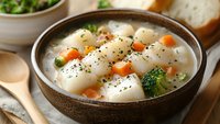 Homemade potato dumpling soup with carrots and herbs in rustic bowl, comfort food for cold weather dining and traditional European cuisine recipes.