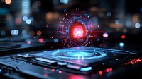 Futuristic digital processor with glowing red core and blue holographic interface against dark background with bokeh lights, technology concept visualization.