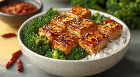 Glazed teriyaki salmon pieces served on white rice with steamed broccoli in ceramic bowl. Asian fusion meal features caramelized fish with sesame seeds and chili sauce.