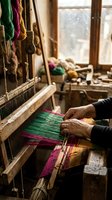 Skilled artisan hands weaving colorful textile on traditional wooden loom in rustic workshop with natural light streaming through windows.