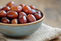 Fresh red dates in rustic turquoise ceramic bowl on burlap cloth, selective focus highlighting glossy fruit texture and natural lighting for food styling.