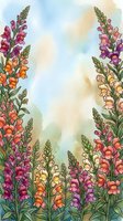 Watercolor snapdragon flowers in pink, orange, purple and cream frame a soft pastel sky, creating a vibrant floral border for cards or prints.