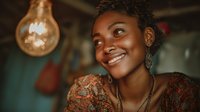 Young African American woman with natural curly hair smiling warmly in cozy indoor setting with vintage light bulb creating atmospheric mood for lifestyle content.