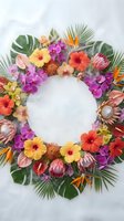 Tropical flower wreath with hibiscus, orchids, protea and palm leaves on white background for summer decoration and wedding design projects.