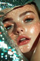 Close up portrait of young woman with glowing skin, turquoise glitter makeup, and glossy lips against sparkling bokeh background, perfect for beauty and cosmetic advertising.