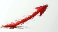 Red grunge arrow pointing upward with dynamic brushstroke effect on white background, symbolizing growth, progress and positive direction.