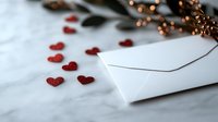 White envelope with scattered red glitter hearts on marble surface, romantic bokeh lights and letter concept for Valentine's day.