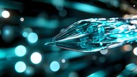Glowing fiber optic cable transmitting data with turquoise bokeh lights in dark background, modern digital communication technology concept.