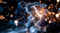 Digital particle runner in motion with glowing light effects and bokeh background for sports technology concepts and fitness applications.