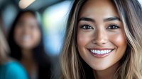Young Asian woman with ombre blonde hair and bright white smile looking at camera with confident expression against blurred background. Natural makeup and modern style.