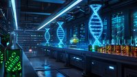 Futuristic laboratory interior with glowing DNA hologram projections and scientific equipment. Blue neon lighting illuminates research facility with test tubes and samples.