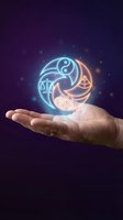 Glowing neon yin yang symbol with spiritual icons held in open palm against dark background, representing balance, wellness, and holistic healing for spirituality and meditation concepts.