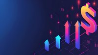 Gradient colored dollar sign with ascending arrows on dark blue background showing financial growth concept with glowing neon elements and sparkles.