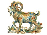 Ornate goat with decorative floral patterns and scrollwork in gold, teal, and rust tones, isolated on white background for design projects.