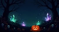 Glowing crystals and jack-o-lantern pumpkin in spooky forest with skulls, perfect for Halloween designs and seasonal graphics.