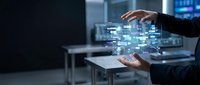 Businessman holding glowing digital network data between hands in modern office environment, representing cloud computing, connectivity, and technology innovation.