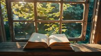 Open book on wooden windowsill with sunlight streaming through vintage window panes, autumn leaves visible outside creating cozy reading atmosphere.