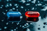 Blue and red transparent medical capsules with reflections on dark wet surface with water drops, dramatic lighting for pharmaceutical concept.