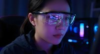 Young Asian woman wearing futuristic smart glasses with holographic display interface in cyberpunk neon-lit environment for technology concepts.