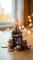 Senior couple figurines sitting on stack of coins with warm bokeh lights background representing retirement savings and financial security planning.