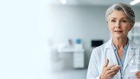 Senior female doctor with gray hair in white coat smiling confidently in modern hospital corridor, healthcare professional medical consultation.