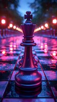 Chess king piece on wet reflective board with neon pink and blue lighting, dramatic perspective leading to blurred bokeh lights in background. Rain drops create atmosphere.