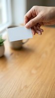 Close-up of a hand holding a blank white card on a wooden desk with blurred office background, suitable for business branding and corporate identity mockups.