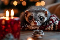 Adorable hedgehog wearing knitted sweater sits by warm candlelight with festive bokeh lights creating cozy winter holiday atmosphere for seasonal greeting cards.