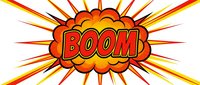 Comic book style explosion with bold BOOM text, orange and red burst cloud with rays on white background, isolated for design use.