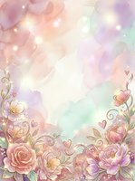 Watercolor floral frame with pink roses, peonies, and ornamental swirls on soft pastel background with bokeh lights. Perfect for wedding invitations, greeting cards, and romantic designs.