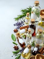 Essential oils in glass bottles with cork stoppers surrounded by fresh herbs, spices and dried citrus for aromatherapy and natural wellness treatments.