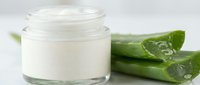 Natural aloe vera moisturizing cream in glass jar with fresh green aloe leaves for skincare and beauty routine on white background.