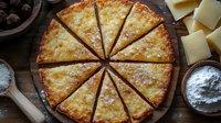 Freshly baked cheese pizza cut in triangular slices on wooden board, topped with melted mozzarella and dusted with flour, rustic food photography setup.