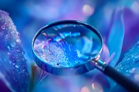 Magnifying glass revealing water droplets on blue flower petals in macro photography, creating magical bokeh effect and reflective surfaces. Artistic nature exploration.