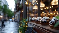Elegant brown leather shoes displayed in illuminated storefront window with festive bokeh lights and holiday decorations creating warm evening atmosphere.