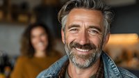 Mature Caucasian man with gray beard smiling warmly in modern kitchen while woman cooks in background. Happy middle-aged husband portrait at home.